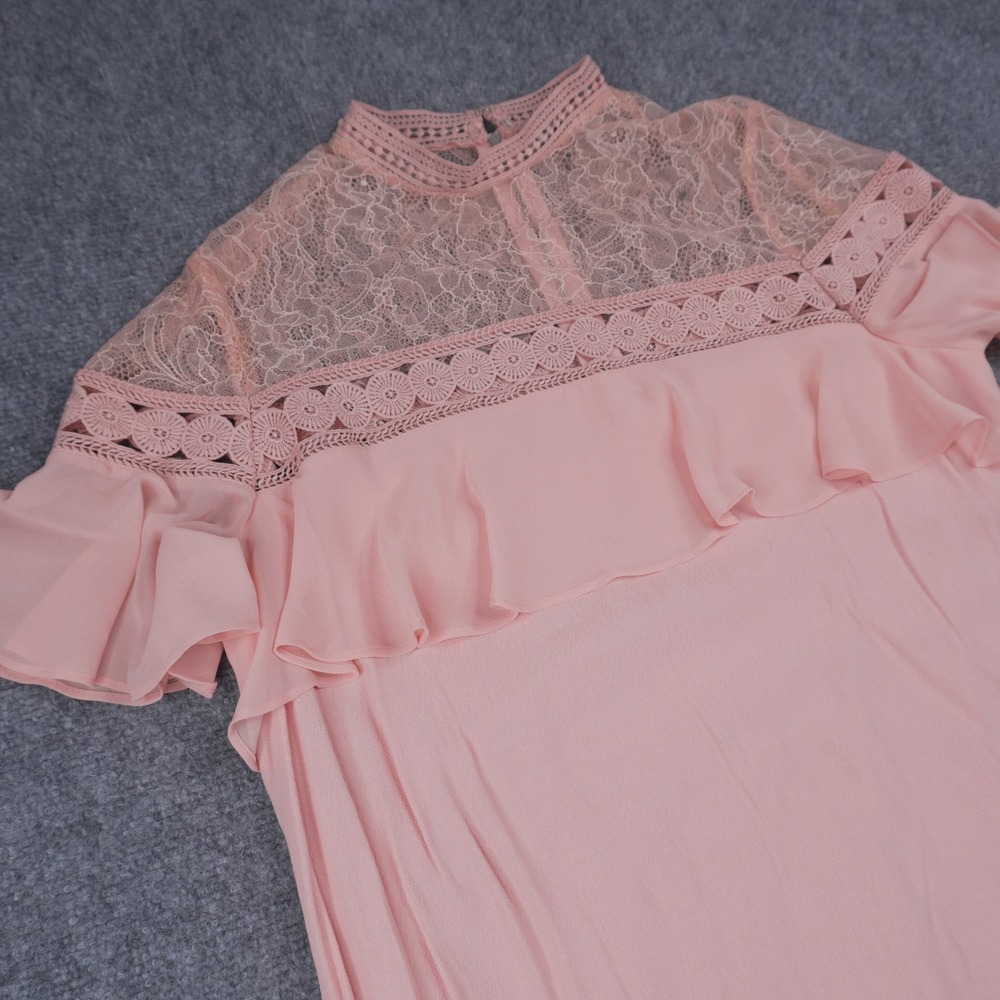 Express Lace Yoke Shift Dress Womens Medium Pink Ruffle Mock Neck Flutter Sleeve